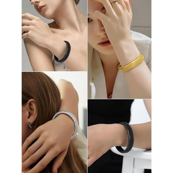 Women Gold Stainless Steel Stretch Flexible Wide Wristband Bangle Chain Bracelet - Picture 5 of 9